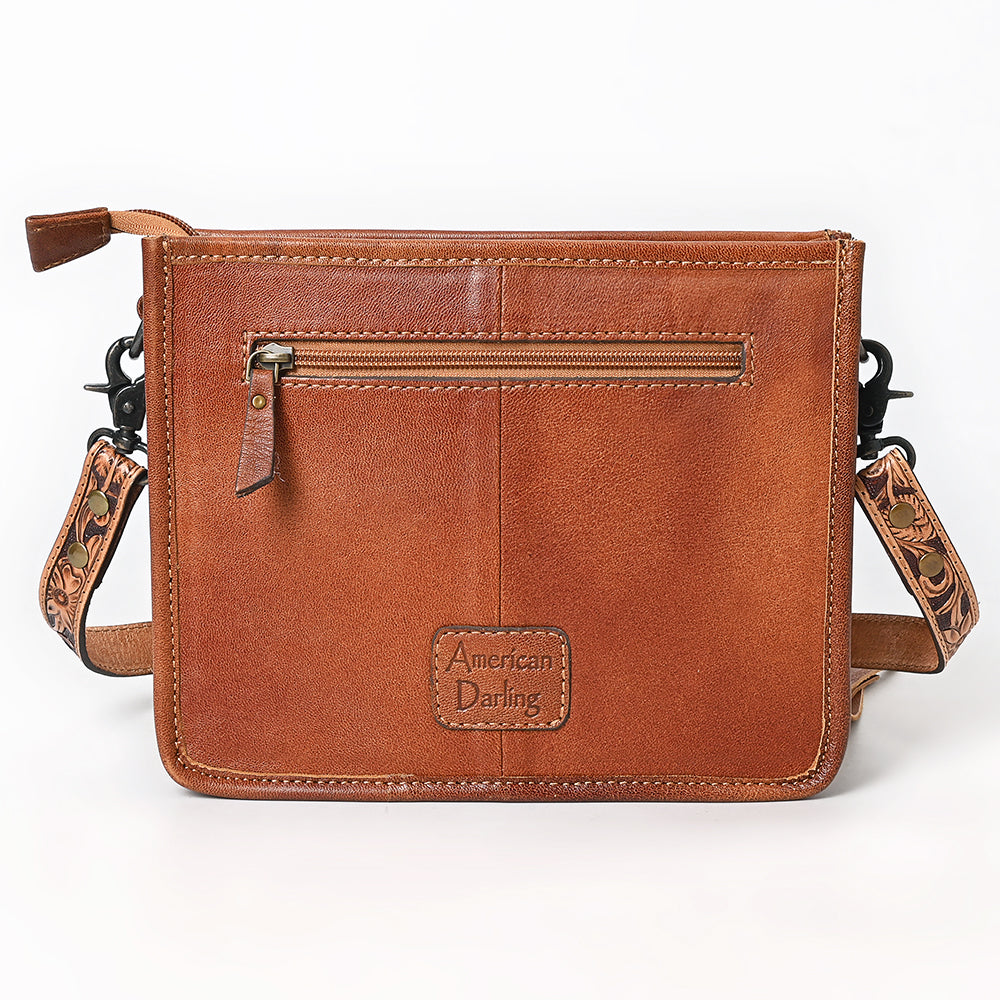 ADBG323 Hand-Tooled Leather Messenger Bag with Floral Daisies & Fringe Strap | American Darling