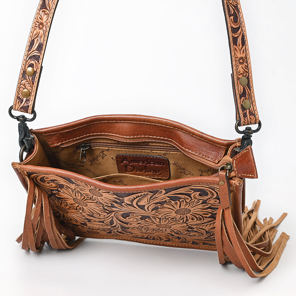 ADBG323 Hand-Tooled Leather Messenger Bag with Floral Daisies & Fringe Strap | American Darling