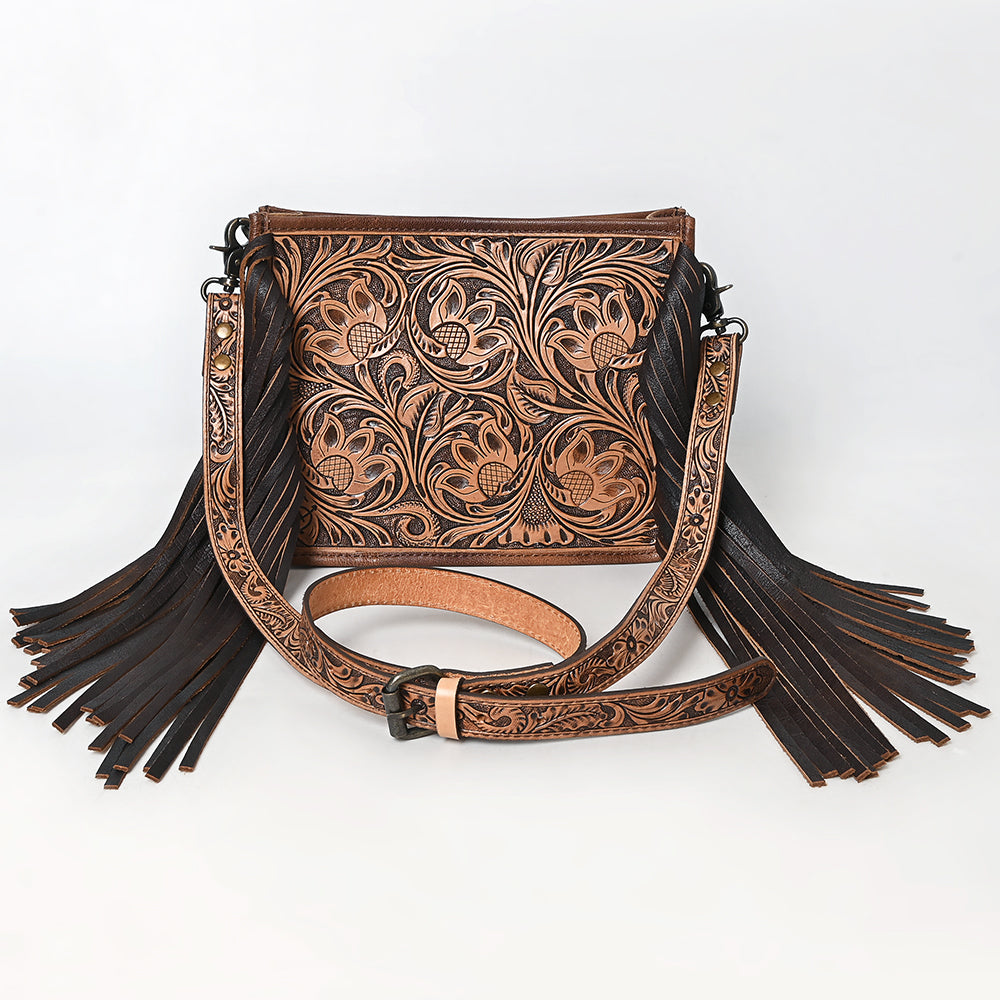 ADBG324 Hand-Tooled Leather Messenger Bag with Floral Carving and Fringe Strap