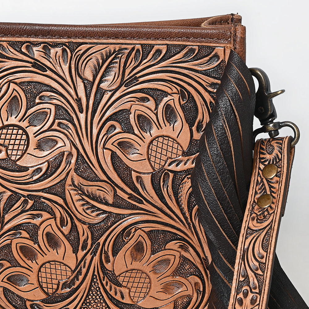 ADBG324 Hand-Tooled Leather Messenger Bag with Floral Carving and Fringe Strap