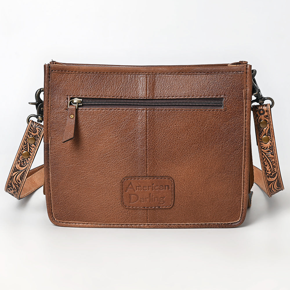 ADBG324 Hand-Tooled Leather Messenger Bag with Floral Carving and Fringe Strap