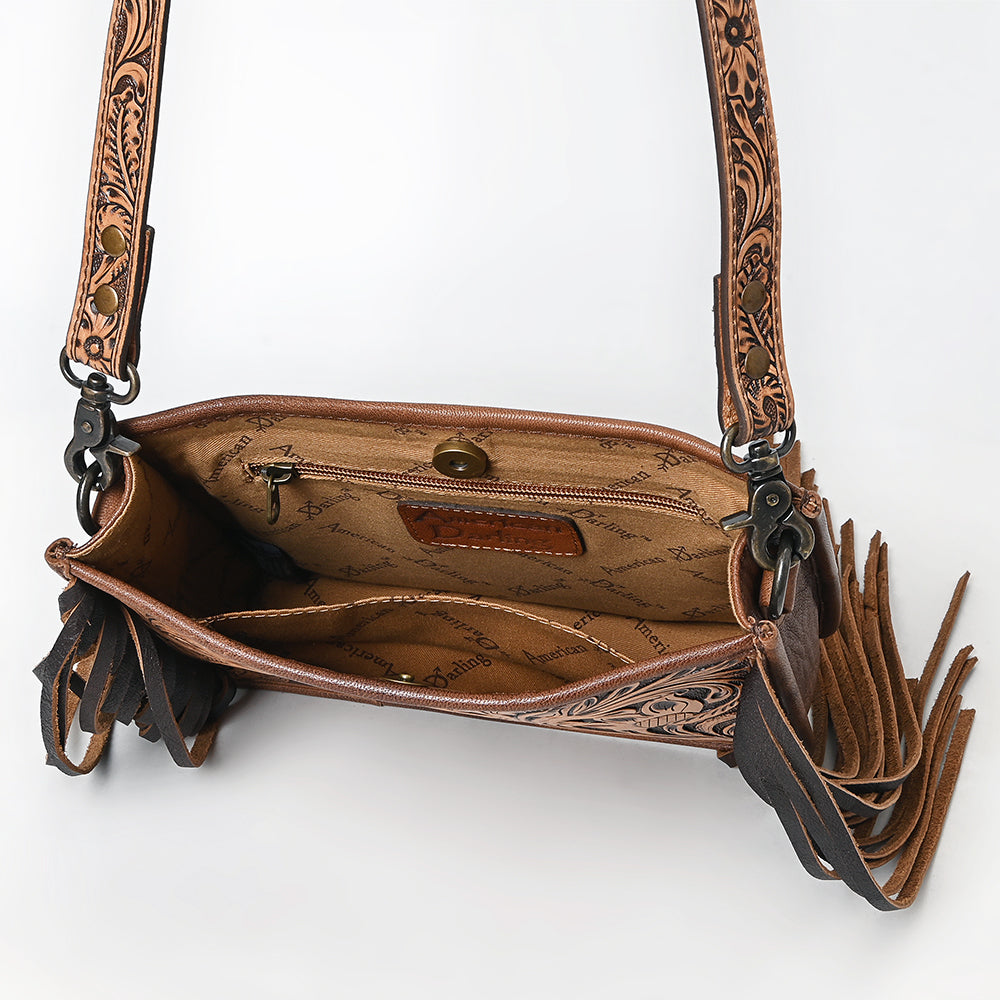 ADBG324 Hand-Tooled Leather Messenger Bag with Floral Carving and Fringe Strap