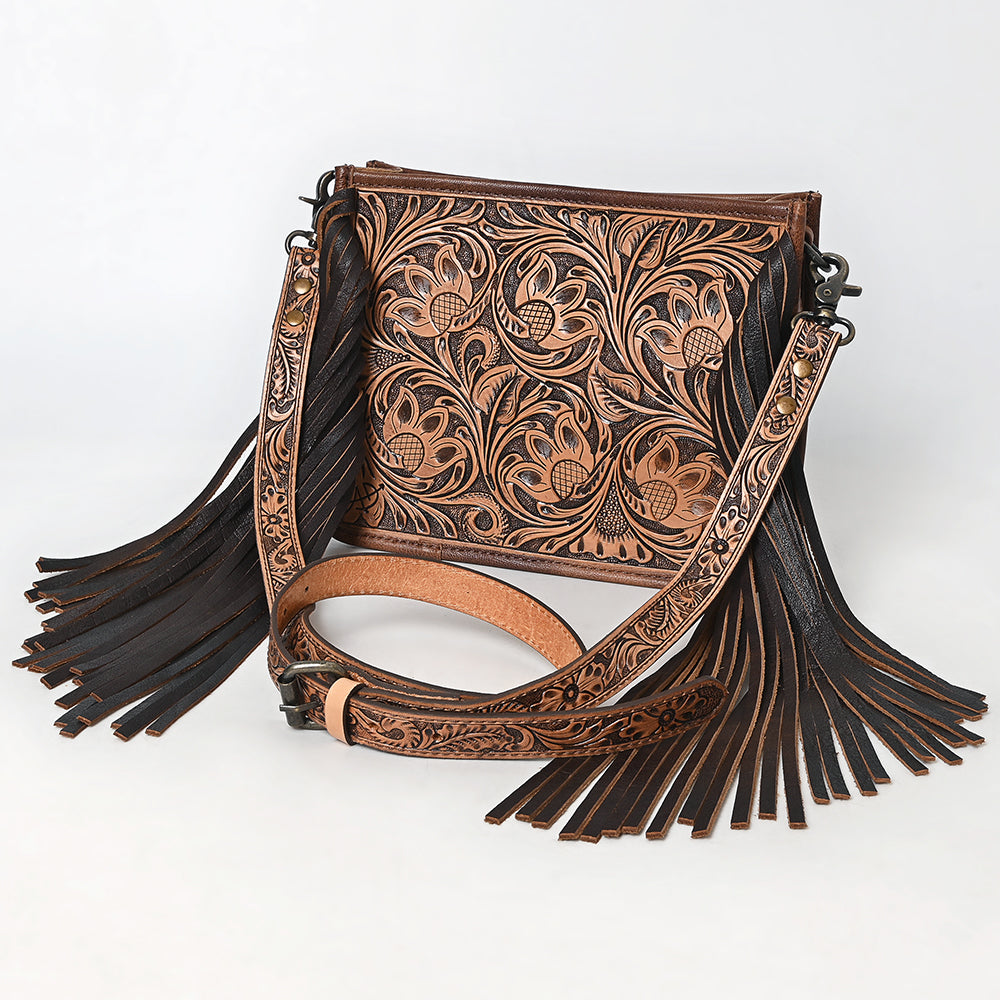 ADBG324 Hand-Tooled Leather Messenger Bag with Floral Carving and Fringe Strap