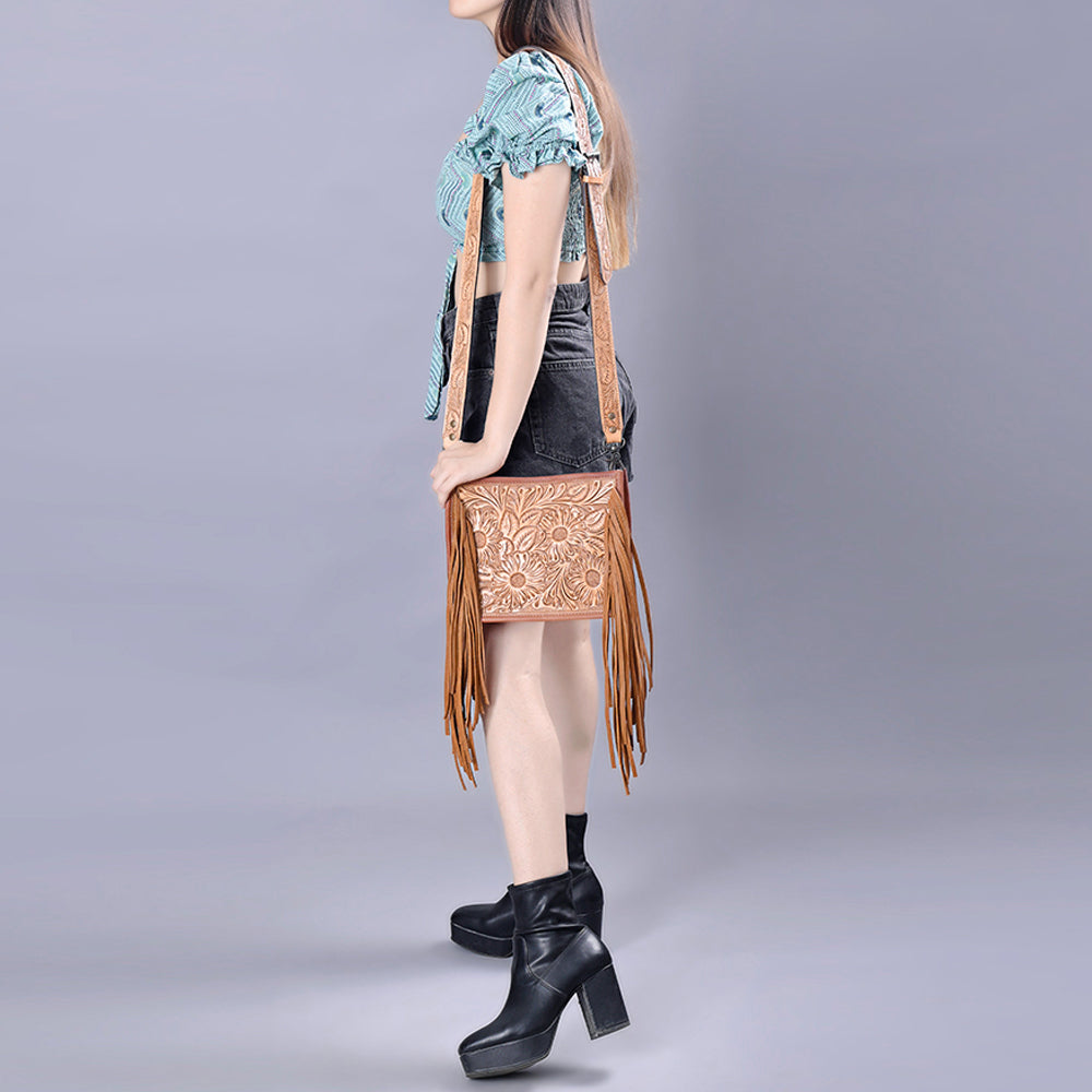 ADBG325 Light Tan Hand-Tooled Leather Messenger Bag with Daisy Floral Design and Fringe