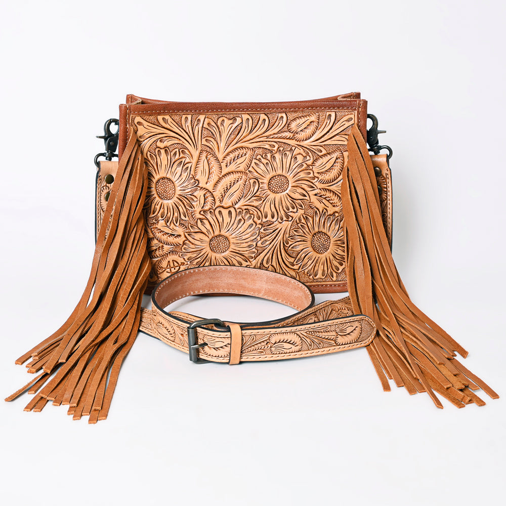 ADBG325 Light Tan Hand-Tooled Leather Messenger Bag with Daisy Floral Design and Fringe