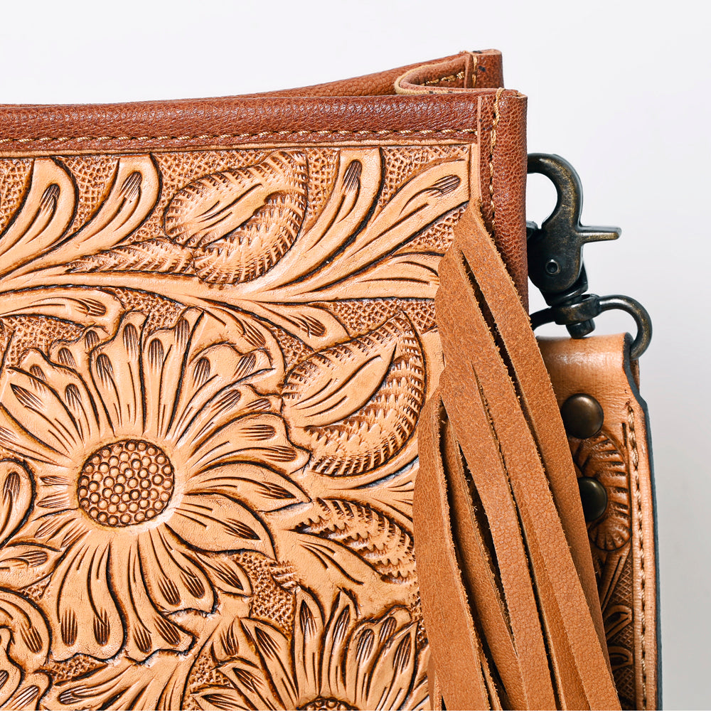 ADBG325 Light Tan Hand-Tooled Leather Messenger Bag with Daisy Floral Design and Fringe