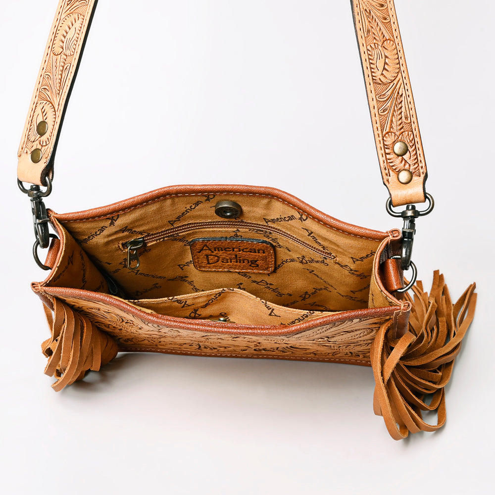 ADBG325 Light Tan Hand-Tooled Leather Messenger Bag with Daisy Floral Design and Fringe