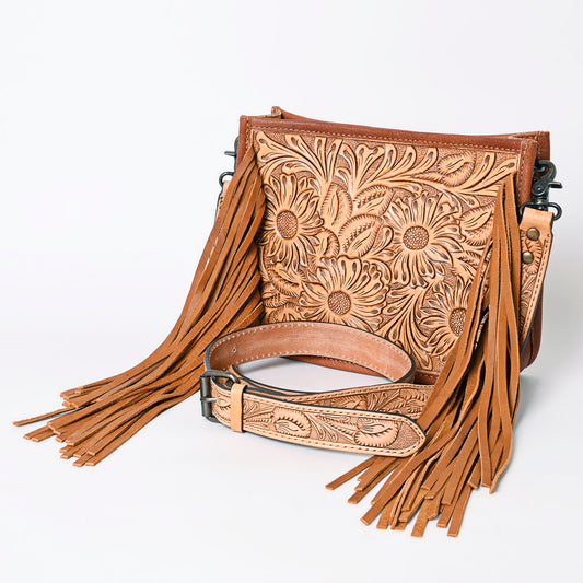 ADBG325 Light Tan Hand-Tooled Leather Messenger Bag with Daisy Floral Design and Fringe