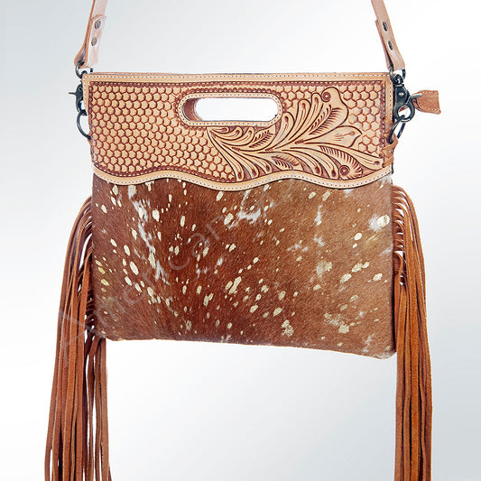 LC-ADBGS145ACGO Tooled Leather & Deer-Print Cowhide Clutch - Western Fringe Convertible Tote