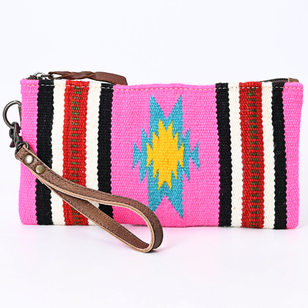 ADBG344 Southwestern Wool Wristlet Clutch with Tribal Pattern and Leather Strap