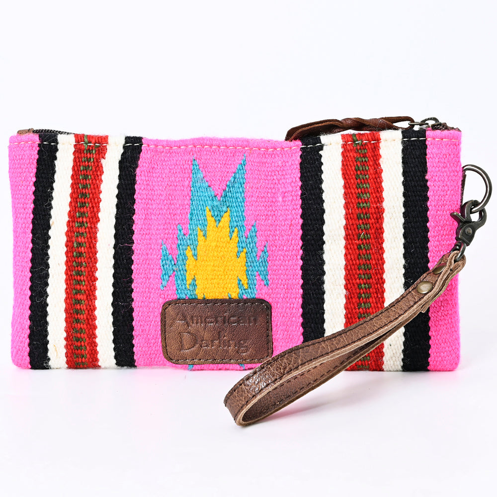 ADBG344 Southwestern Wool Wristlet Clutch with Tribal Pattern and Leather Strap