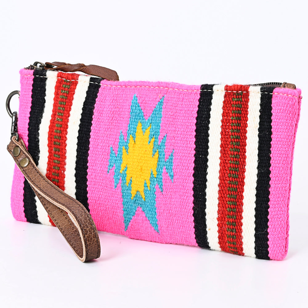ADBG344 Southwestern Wool Wristlet Clutch with Tribal Pattern and Leather Strap