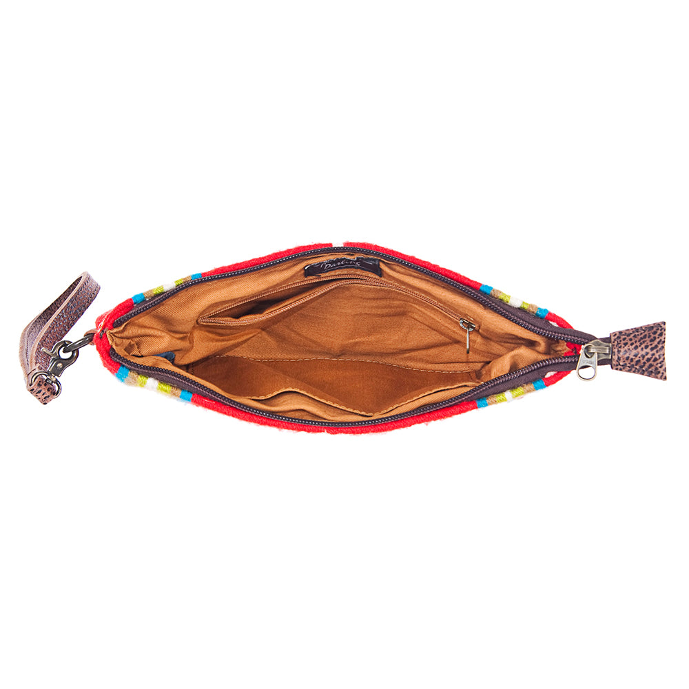 ADBG344 Southwestern Wool Wristlet Clutch with Tribal Pattern and Leather Strap