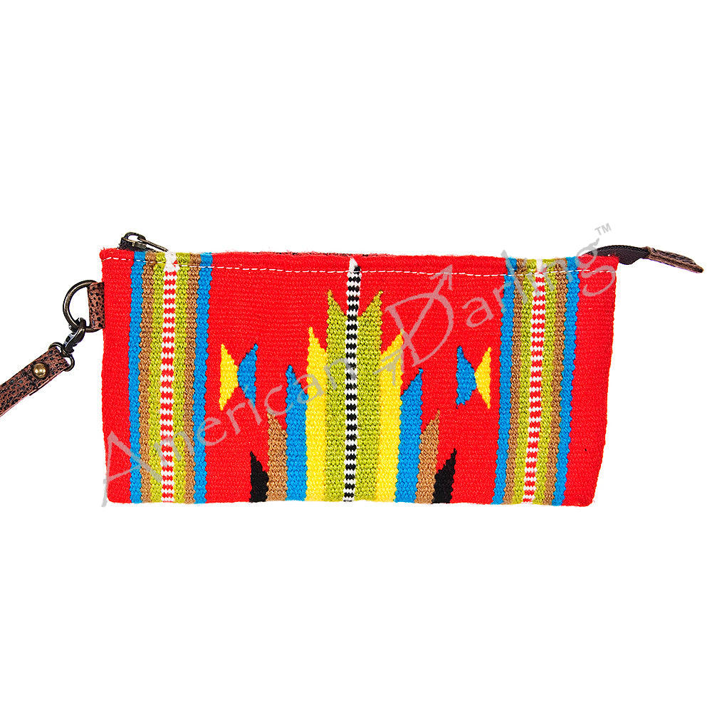 ADBG344 Southwestern Wool Wristlet Clutch with Tribal Pattern and Leather Strap