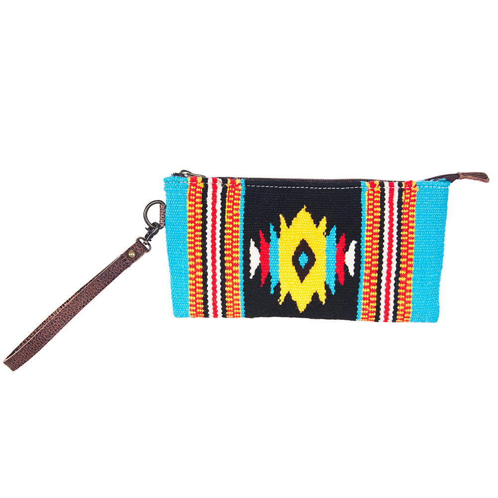 ADBG344 Southwestern Wool Wristlet Clutch with Tribal Pattern and Leather Strap