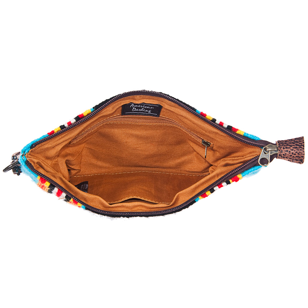 ADBG344 Southwestern Wool Wristlet Clutch with Tribal Pattern and Leather Strap