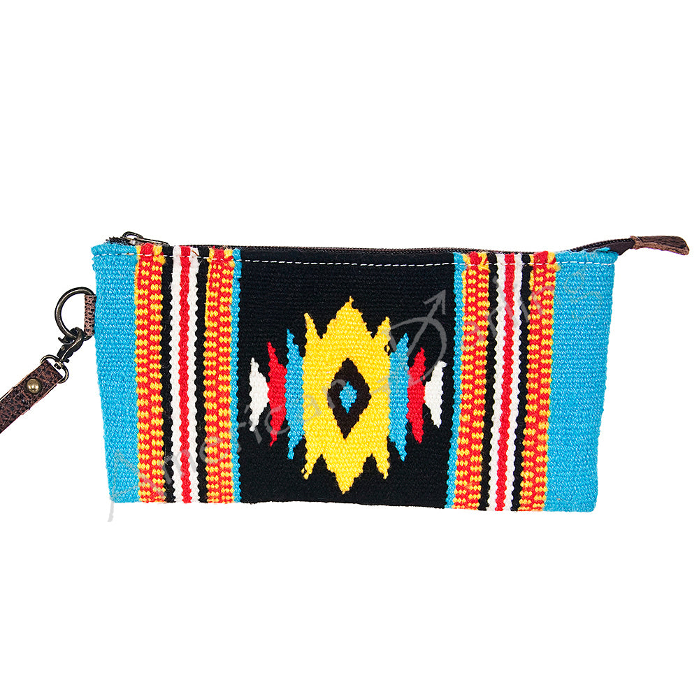 ADBG344 Southwestern Wool Wristlet Clutch with Tribal Pattern and Leather Strap