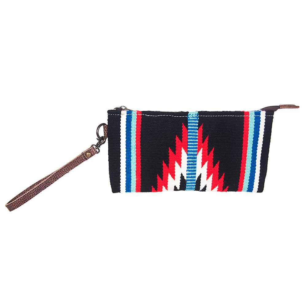 ADBG344 Southwestern Wool Wristlet Clutch with Tribal Pattern and Leather Strap