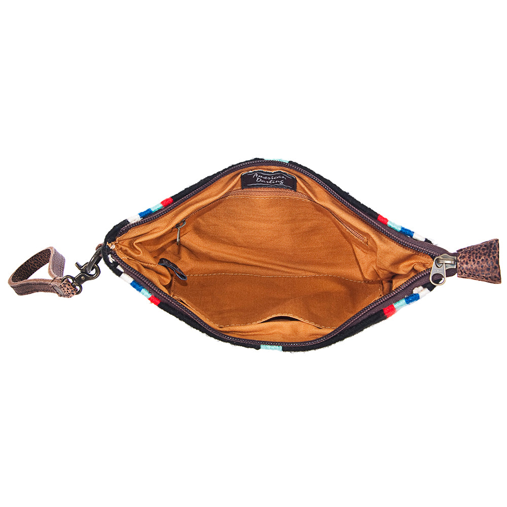 ADBG344 Southwestern Wool Wristlet Clutch with Tribal Pattern and Leather Strap