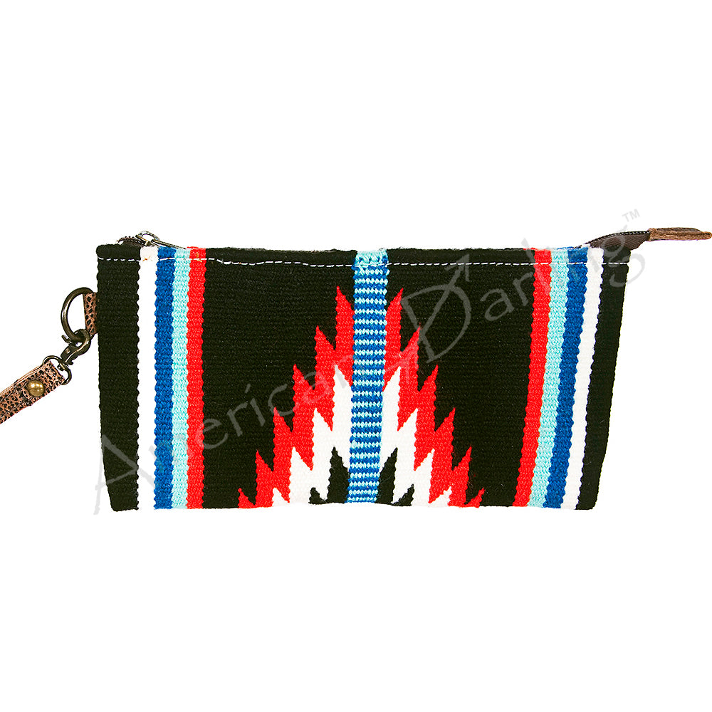 ADBG344 Southwestern Wool Wristlet Clutch with Tribal Pattern and Leather Strap