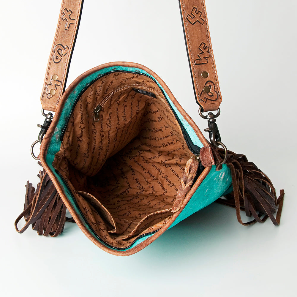 ADBG316 Hair-On Cowhide & Tooled Leather Western Large Crossbody Bag Fringe Crossbody