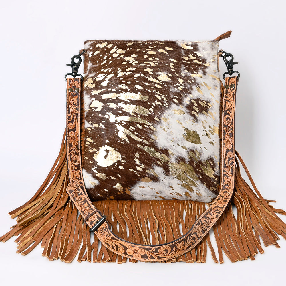 ADBGS192 Splatter Cowhide Large Crossbody Bag with Fringe & Tooled Leather Strap