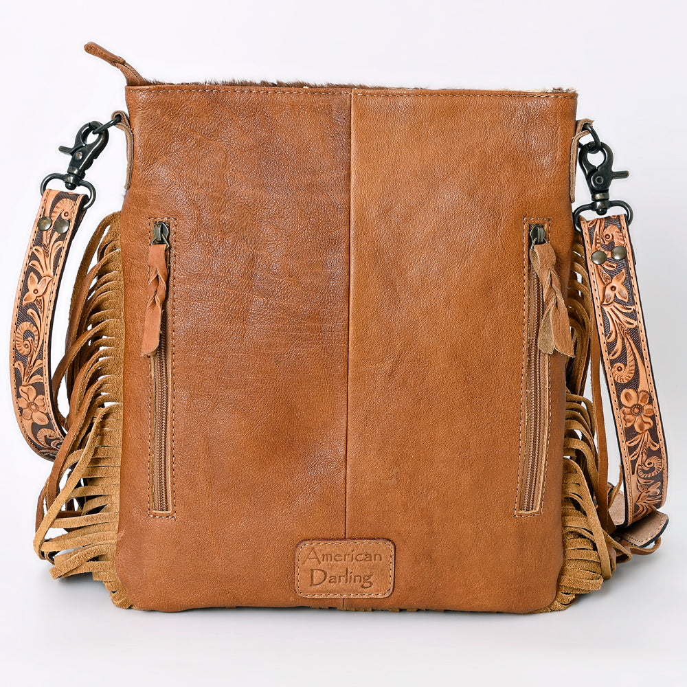 ADBGS192 Splatter Cowhide Large Crossbody Bag with Fringe & Tooled Leather Strap