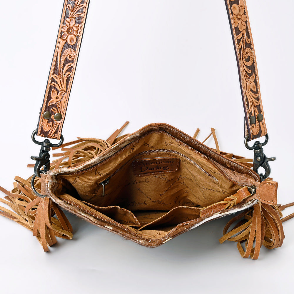 ADBGS192 Splatter Cowhide Large Crossbody Bag with Fringe & Tooled Leather Strap