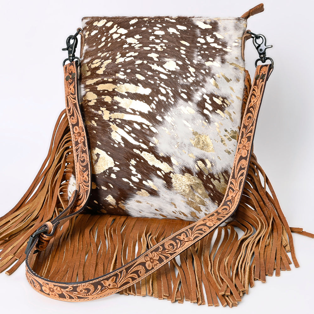 ADBGS192 Splatter Cowhide Large Crossbody Bag with Fringe & Tooled Leather Strap