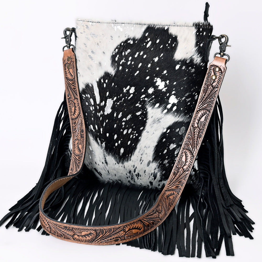 ADBGS192 Splatter Cowhide Large Crossbody Bag with Fringe & Tooled Leather Strap