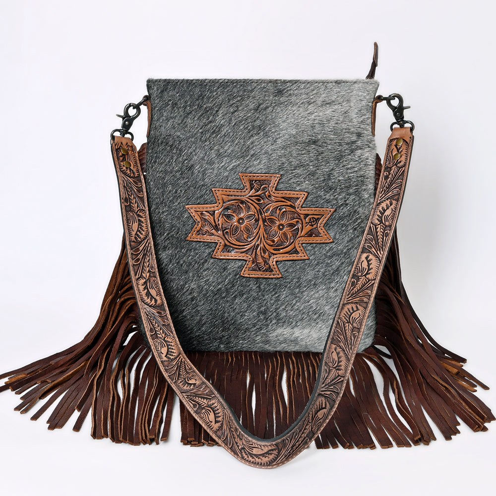 LC-ADBGS192 Cowhide Large Crossbody Bag with Tooled Patch, Fringe & Floral Strap - Western Boho Purse