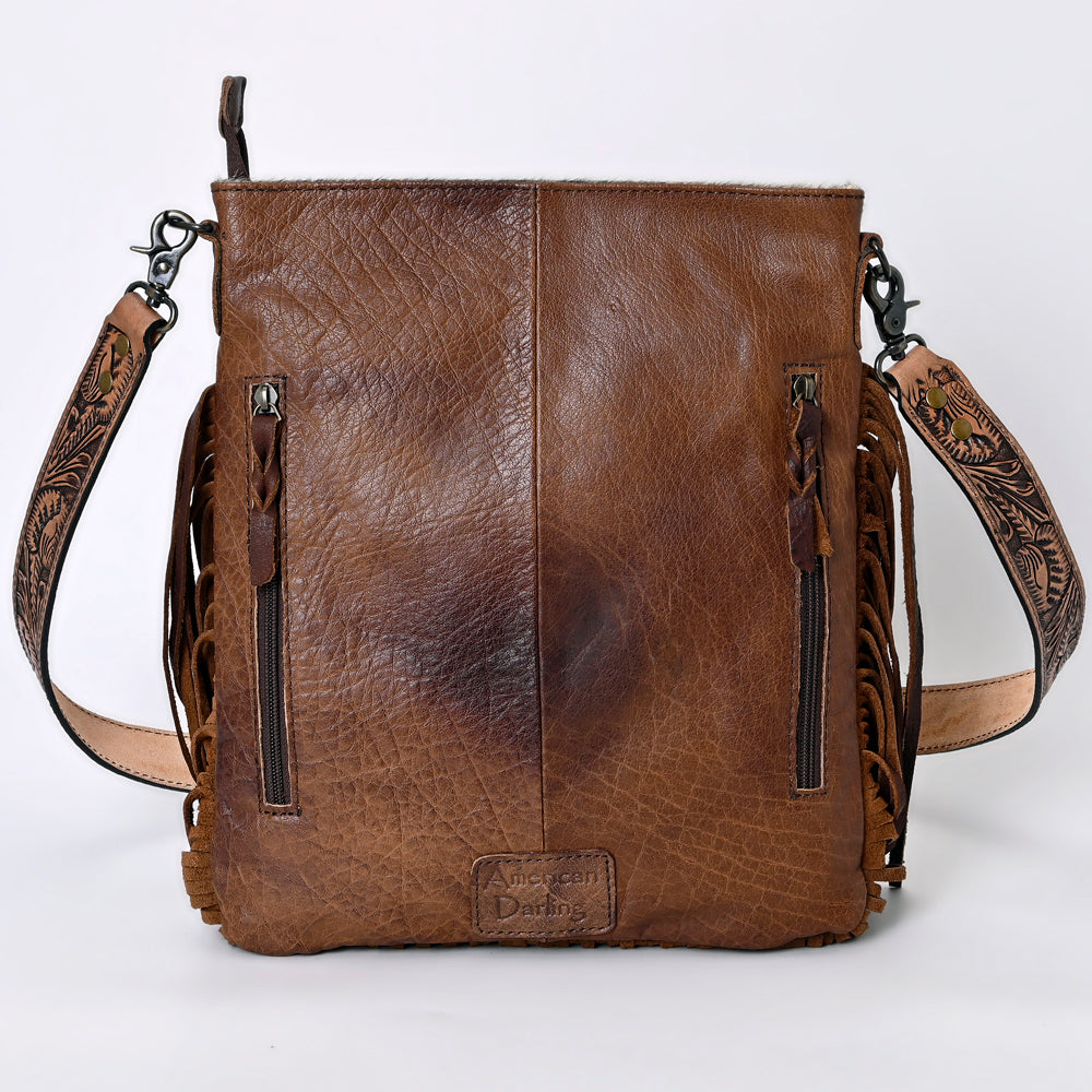 LC-ADBGS192 Cowhide Large Crossbody Bag with Tooled Patch, Fringe & Floral Strap - Western Boho Purse