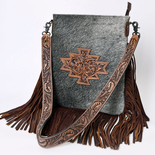 LC-ADBGS192 Cowhide Large Crossbody Bag with Tooled Patch, Fringe & Floral Strap - Western Boho Purse