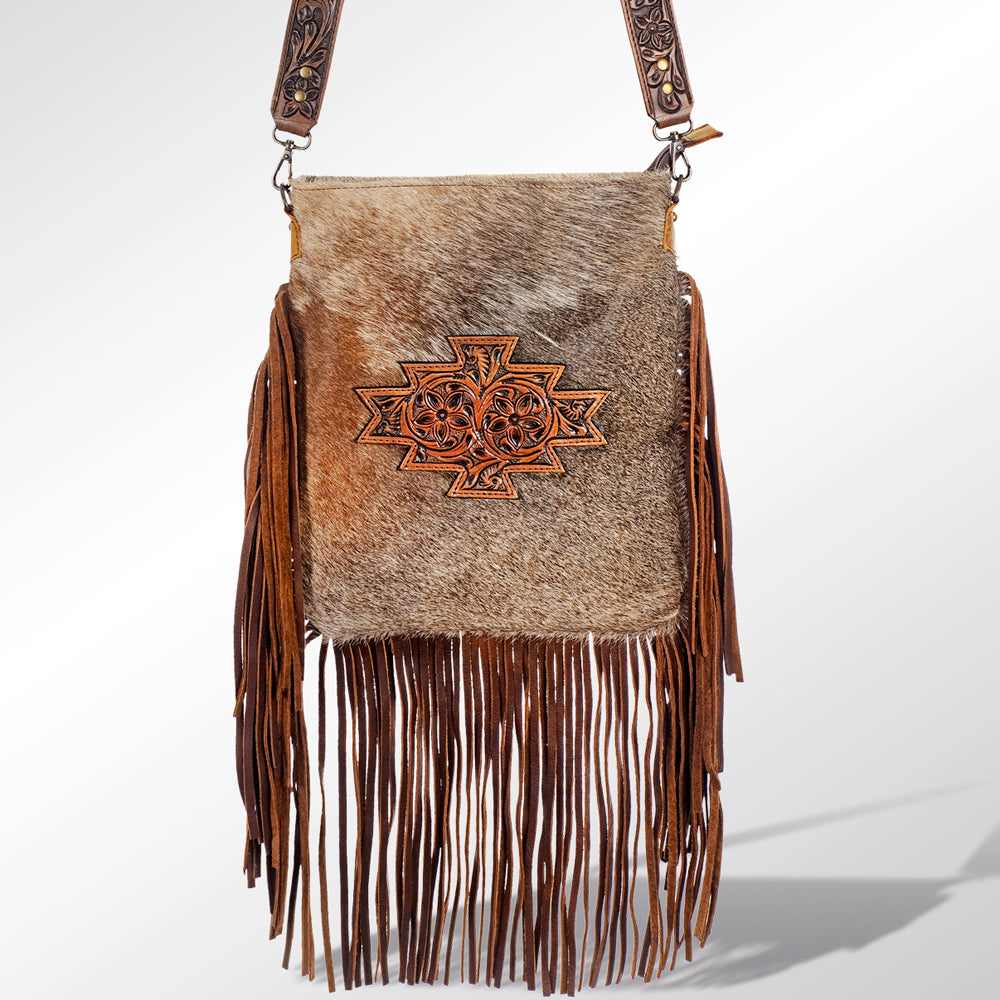 LC-ADBGS192 Cowhide Large Crossbody Bag with Tooled Patch, Fringe & Floral Strap - Western Boho Purse