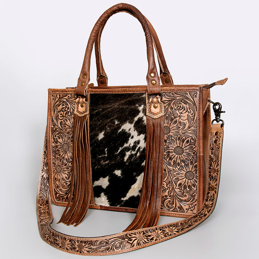 LC-ADBG230 Hand Tooled Leather Tote Bag with Hair-On Cowhide & Hand-Painted Floral Design