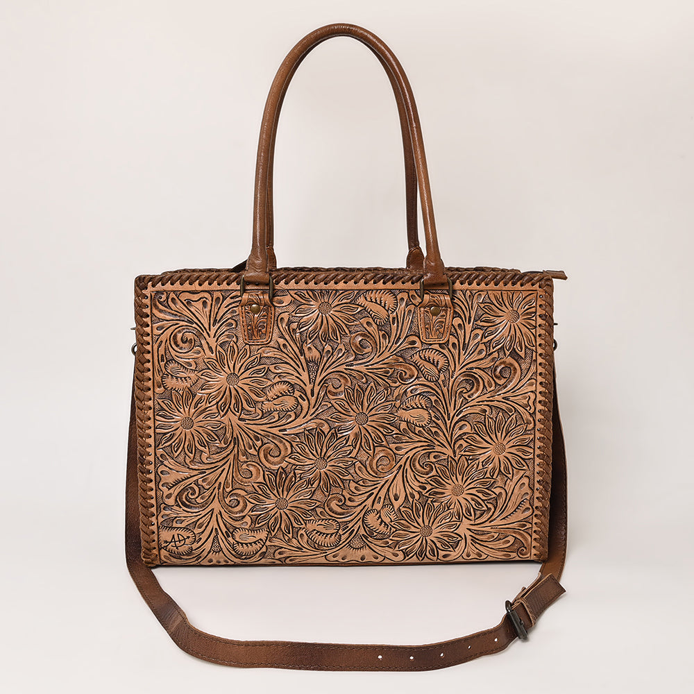 ADBG235 Hand Tooled Floral Leather Tote Bag with Adjustable Shoulder Strap