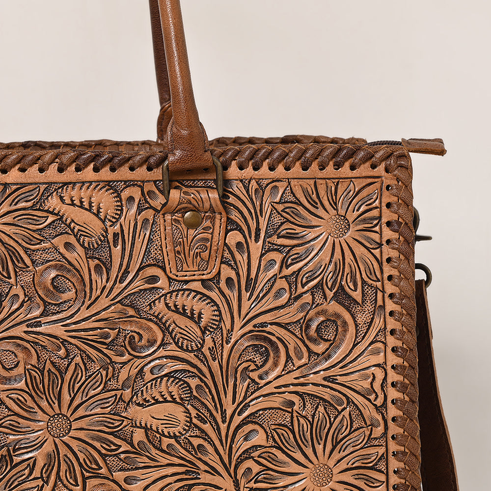 ADBG235 Hand Tooled Floral Leather Tote Bag with Adjustable Shoulder Strap