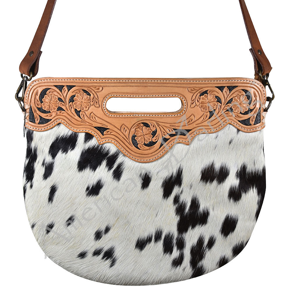 ADBG346 American Darling Western Leather Clutch Bag with Hand Tooled Floral Carving & Hair-On hide