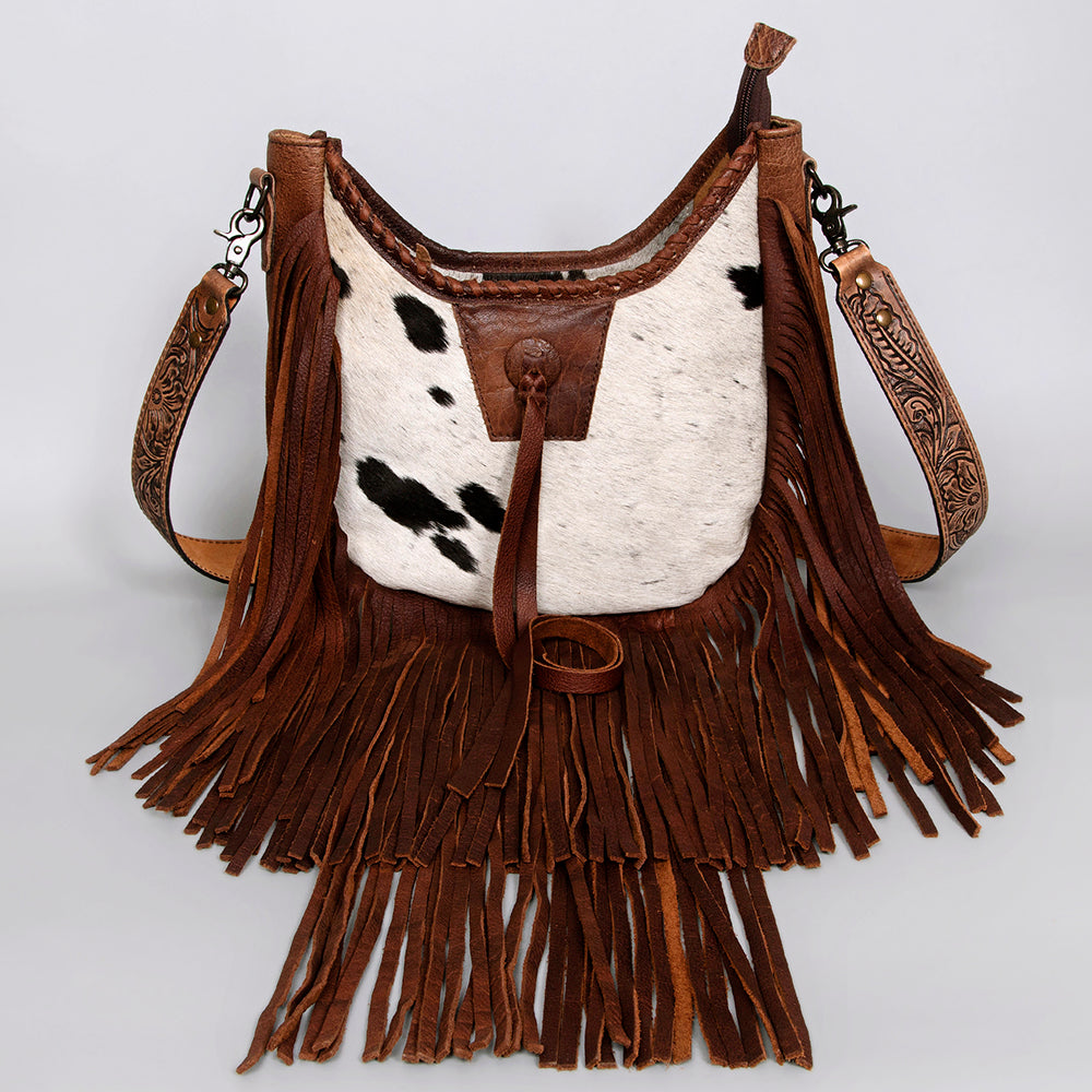 ADBG351 Hair-On Cowhide Hobo Bag with Fringe Tooled Leather Western Shoulder Bag