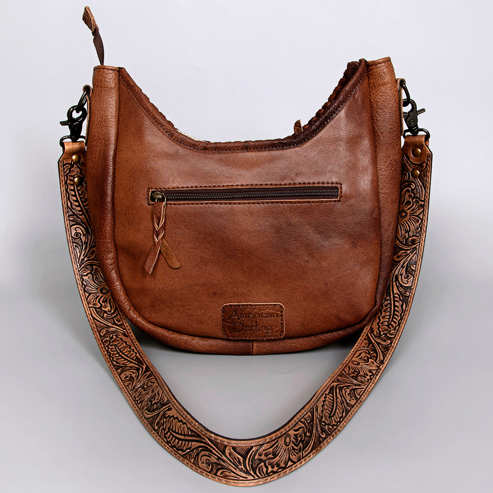 ADBG351 Hair-On Cowhide Hobo Bag with Fringe Tooled Leather Western Shoulder Bag