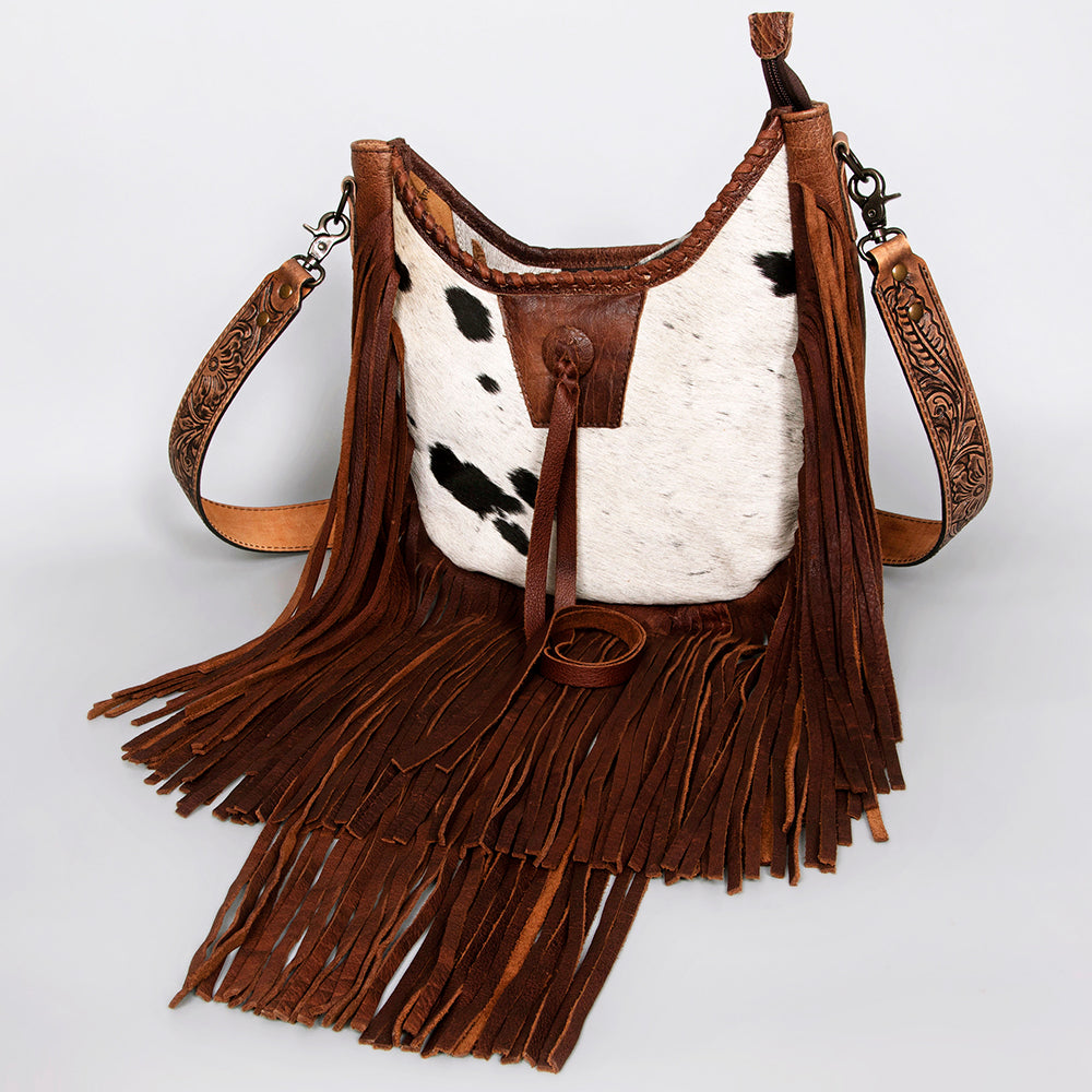 ADBG351 Hair-On Cowhide Hobo Bag with Fringe Tooled Leather Western Shoulder Bag