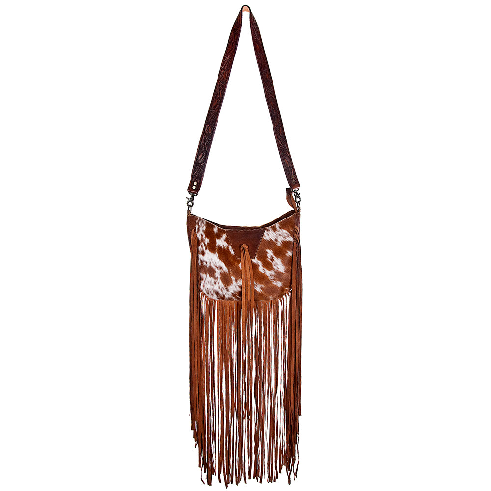 ADBG351 Hair-On Cowhide Hobo Bag with Fringe Tooled Leather Western Shoulder Bag