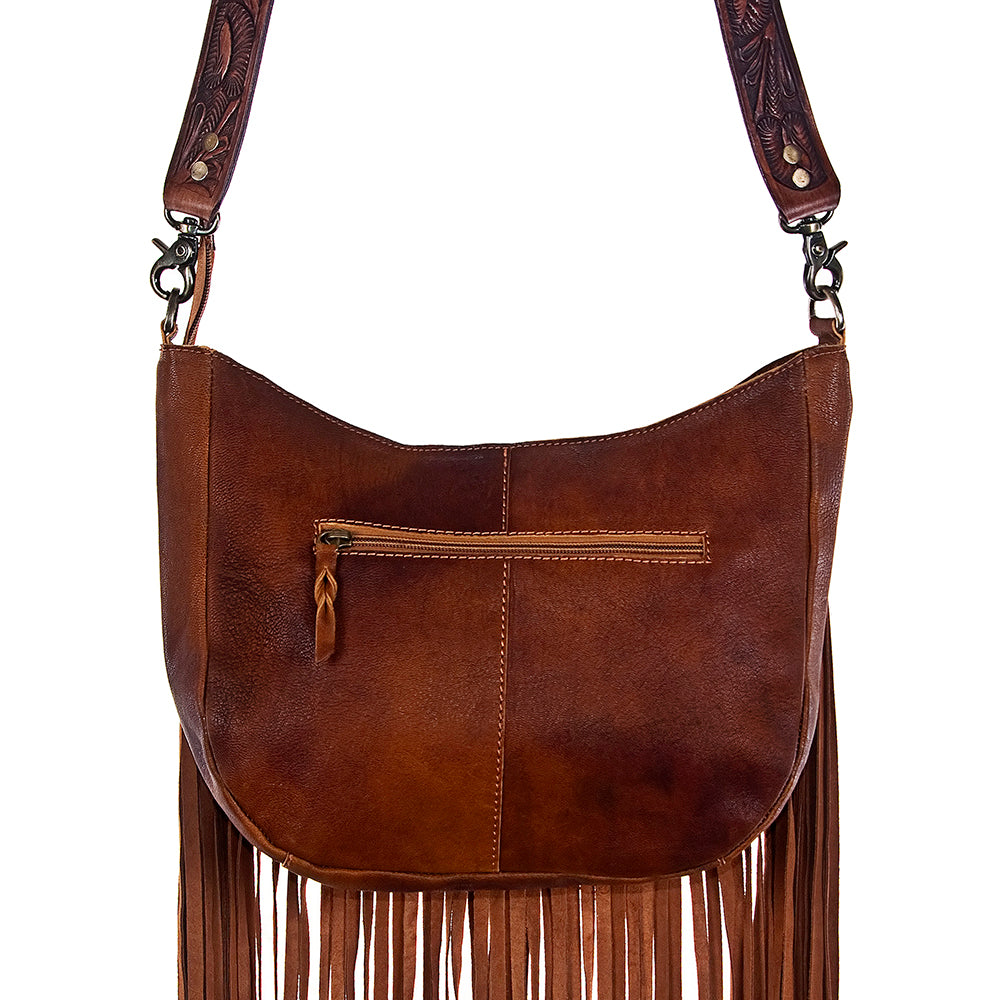 ADBG351 Hair-On Cowhide Hobo Bag with Fringe Tooled Leather Western Shoulder Bag