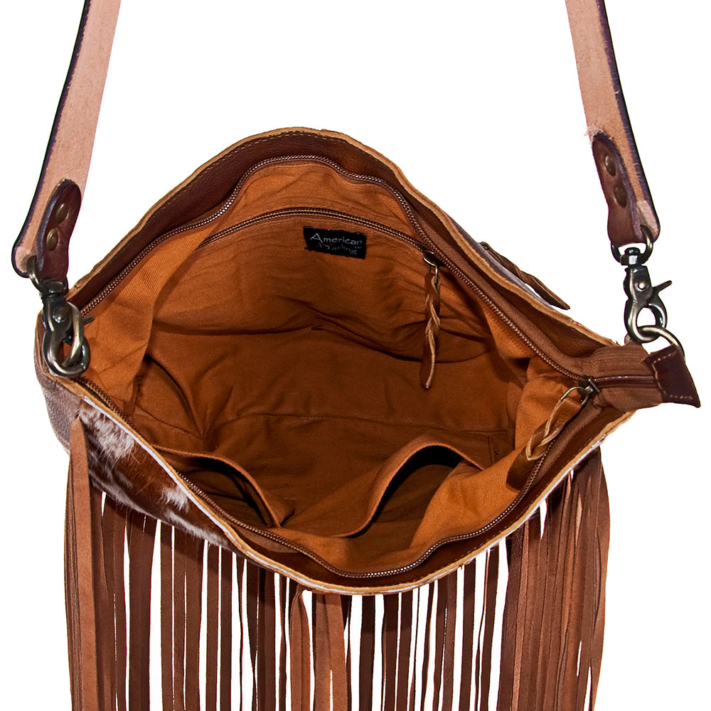 ADBG351 Hair-On Cowhide Hobo Bag with Fringe Tooled Leather Western Shoulder Bag