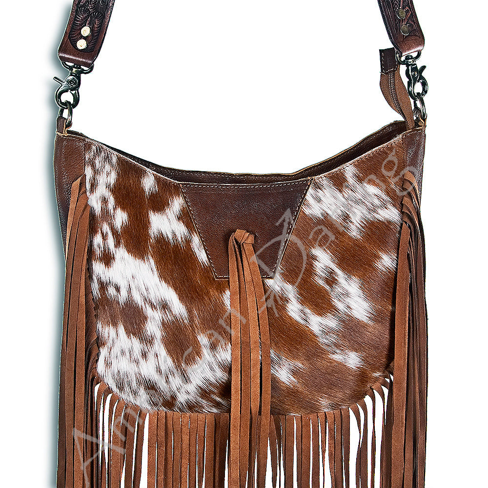 ADBG351 Hair-On Cowhide Hobo Bag with Fringe Tooled Leather Western Shoulder Bag