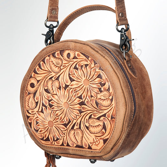 LC-ADBG353 Hand-Tooled Western Canteen Leather Crossbody Bag with Feather Headdress Design American Darling