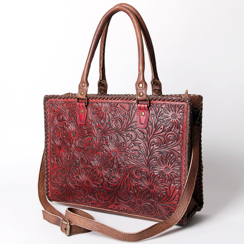ADBG235 Hand Tooled Floral Leather Tote Bag with Adjustable Shoulder Strap