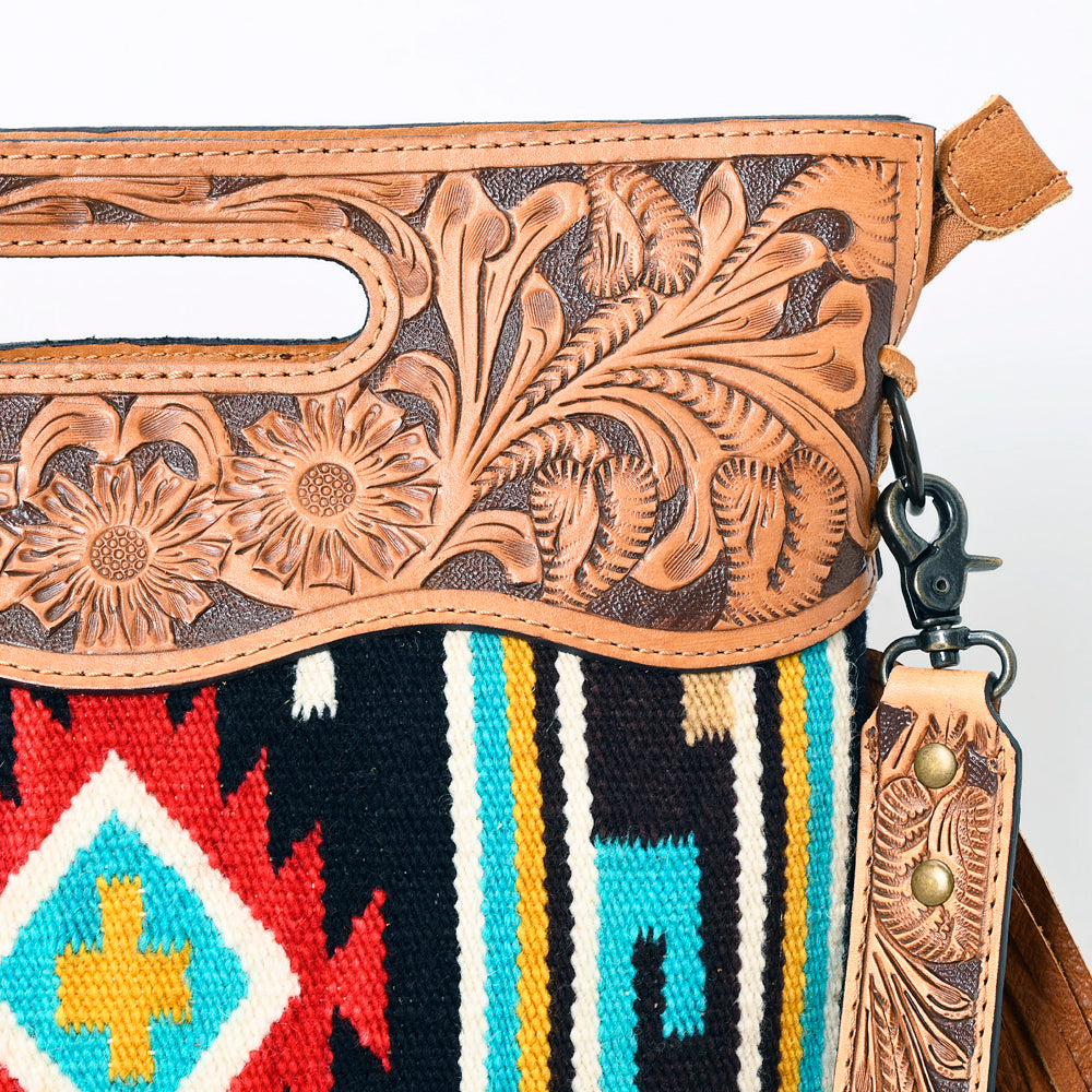 LC-ADBGS146 Southwestern Crossbody Bag - Hand-Tooled Leather & Wool Blend