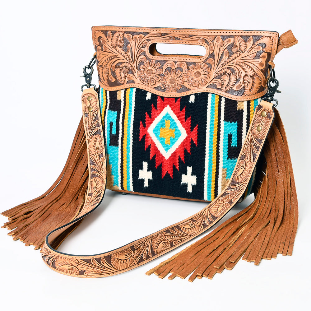 LC-ADBGS146 Southwestern Crossbody Bag - Hand-Tooled Leather & Wool Blend