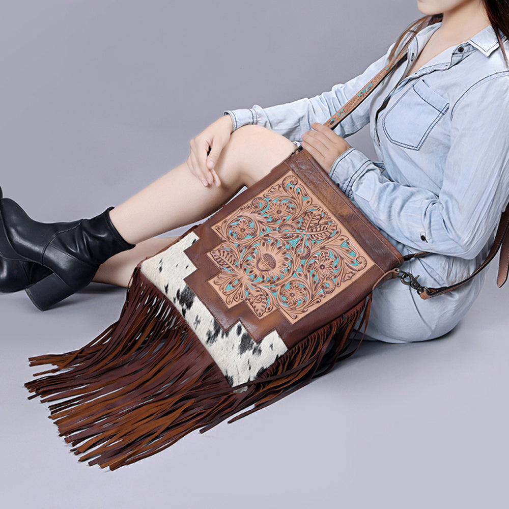 ADBG256 Tooled Leather & Cowhide Fringe Messenger Bag Western Boho Messenger by American Darling